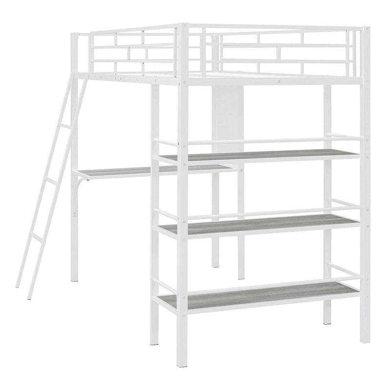 Lit mezzanine simple en métal avec étagères à 3 niveaux, bureau et tableau blanc