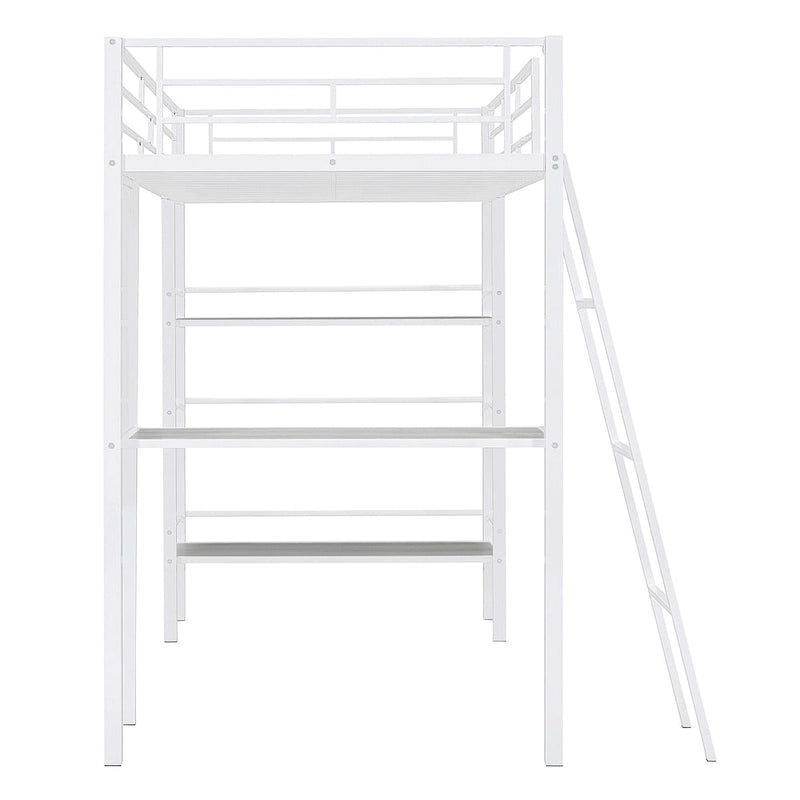 Lit mezzanine simple en métal avec étagères à 3 niveaux, bureau et tableau blanc