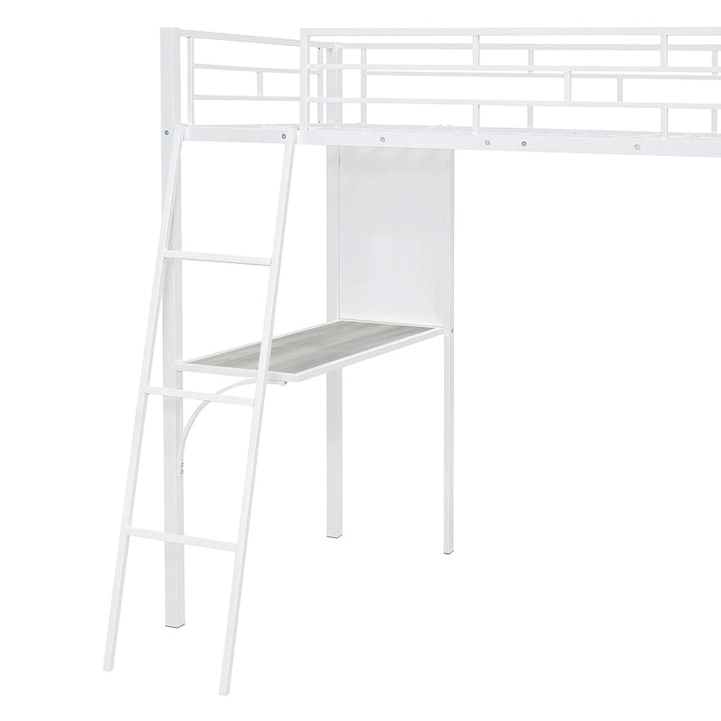 Lit mezzanine simple en métal avec étagères à 3 niveaux, bureau et tableau blanc