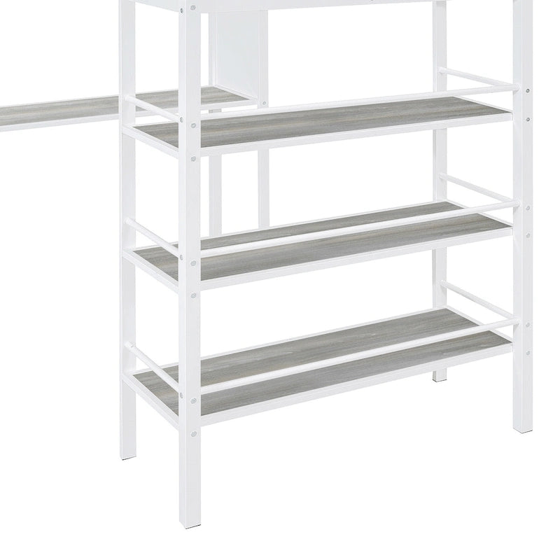 Lit mezzanine simple en métal avec étagères à 3 niveaux, bureau et tableau blanc