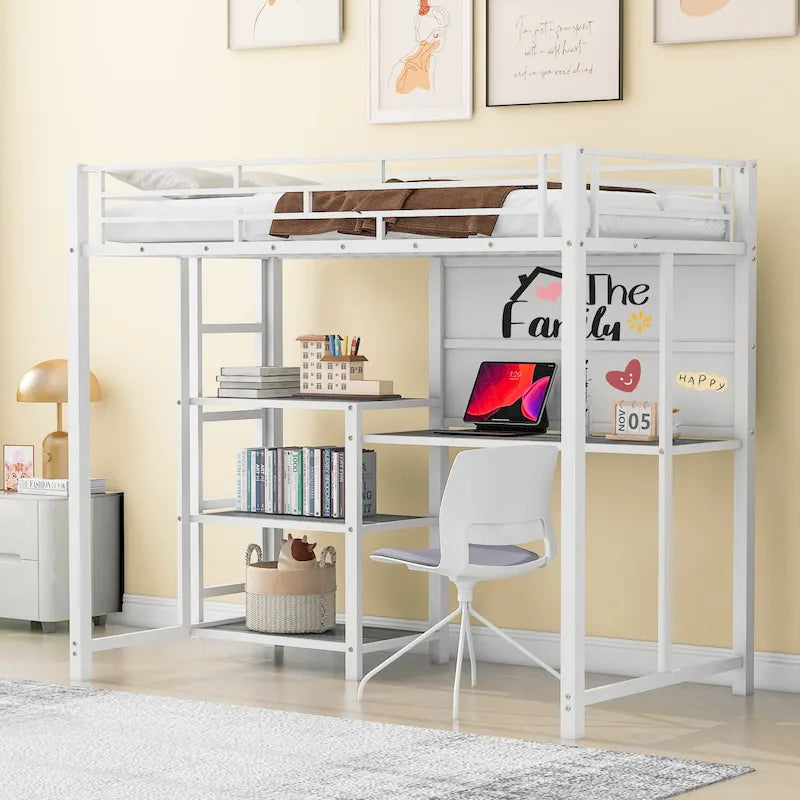 Lit mezzanine en métal avec bureau, tableau blanc et étagères de rangement