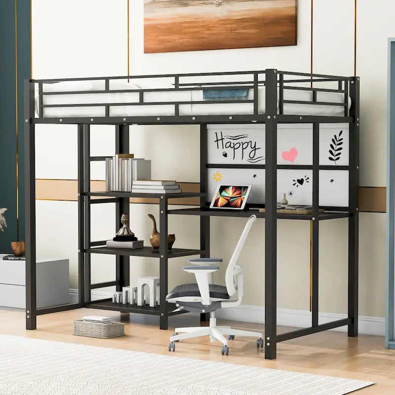 Lit mezzanine en métal avec bureau, tableau blanc et étagères de rangement