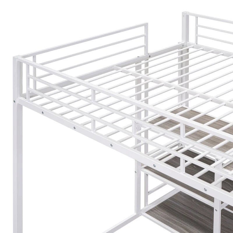 Lit mezzanine en métal avec bureau, tableau blanc et étagères de rangement