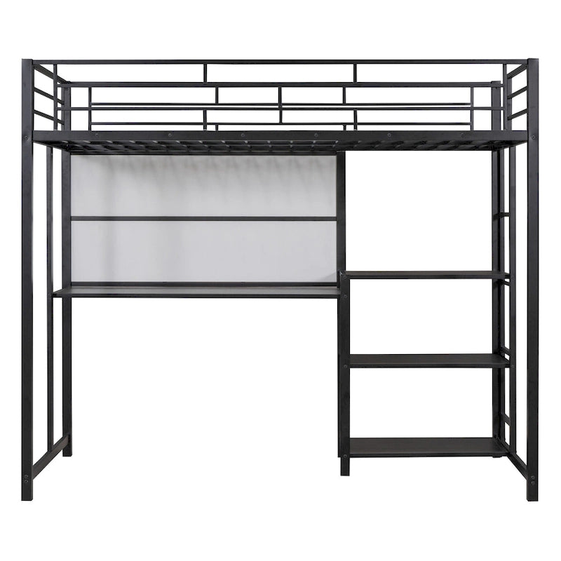 Lit mezzanine en métal avec bureau, tableau blanc et étagères de rangement