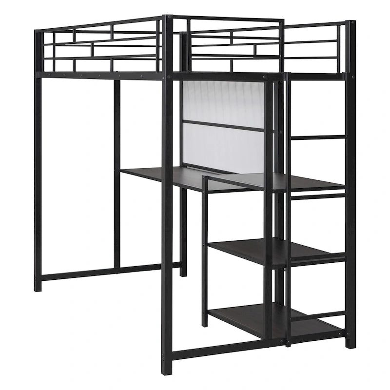 Lit mezzanine en métal avec bureau, tableau blanc et étagères de rangement