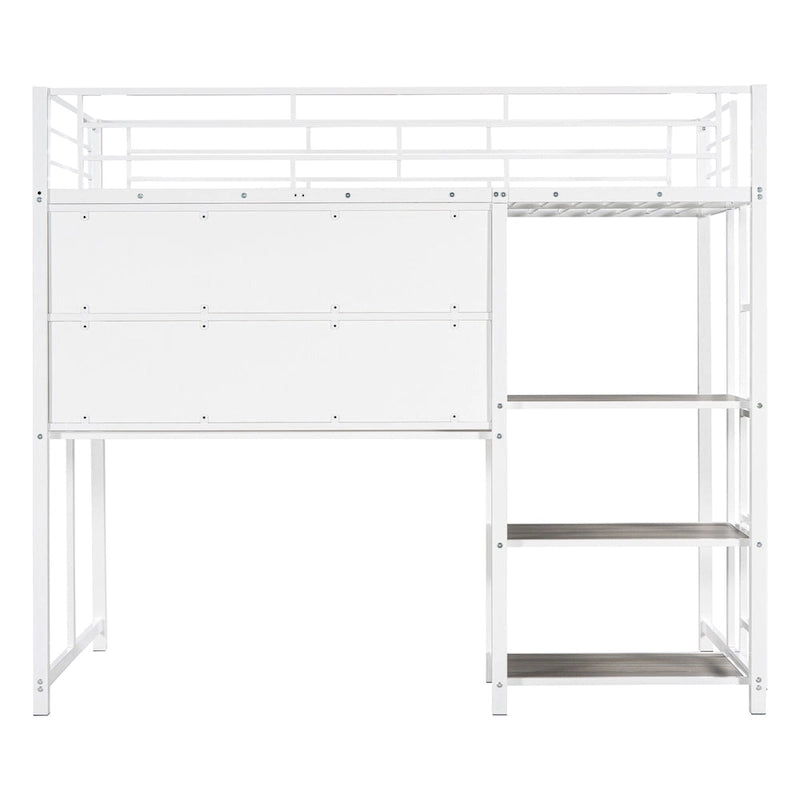 Lit mezzanine en métal avec bureau, tableau blanc et étagères de rangement
