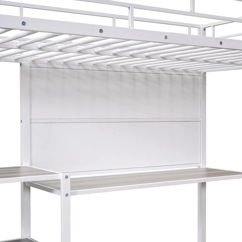 Lit mezzanine en métal avec bureau, tableau blanc et étagères de rangement