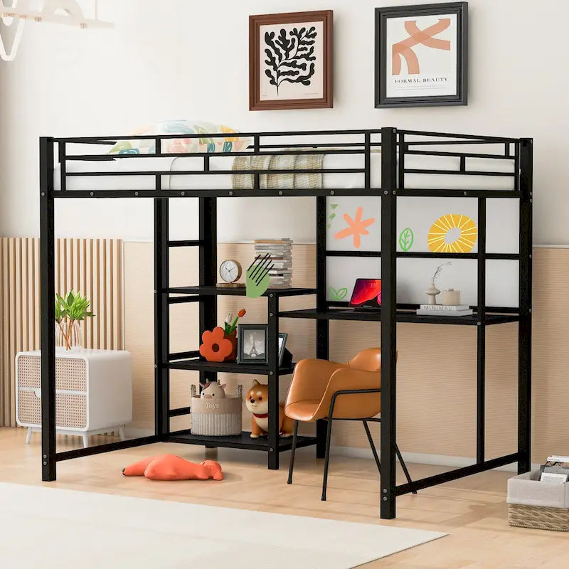Lit mezzanine en métal avec bureau, tableau blanc et étagères de rangement