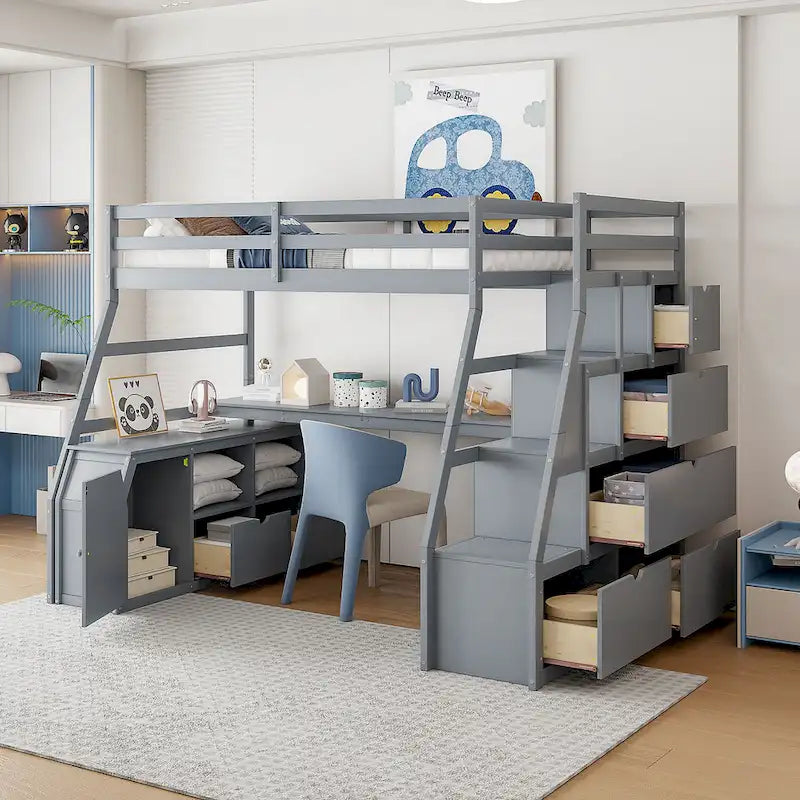 Gray Full Pine Loft Bed with Desk and Storage