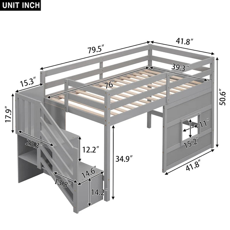 Lit mezzanine en pin Twin Pine avec escalier de rangement, fenêtre décorative et barrières de sécurité