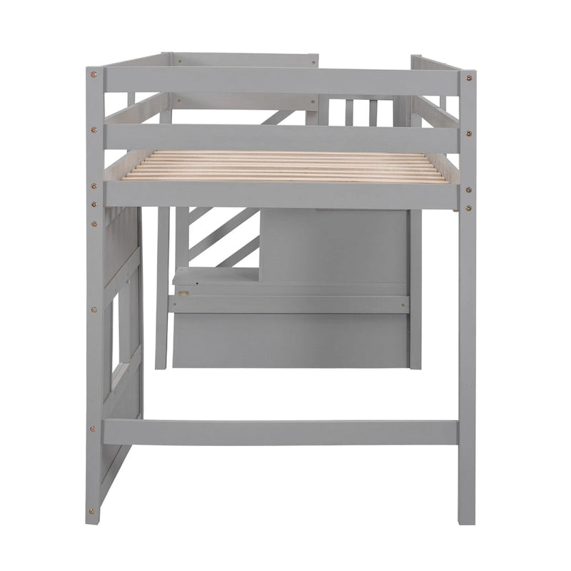 Lit mezzanine en pin Twin Pine avec escalier de rangement, fenêtre décorative et barrières de sécurité