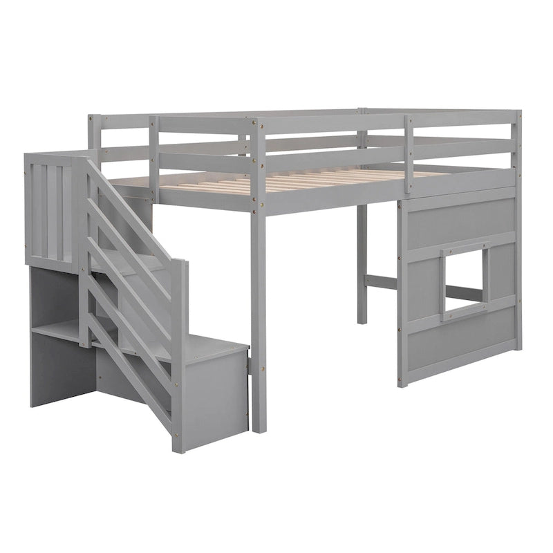 Lit mezzanine en pin Twin Pine avec escalier de rangement, fenêtre décorative et barrières de sécurité
