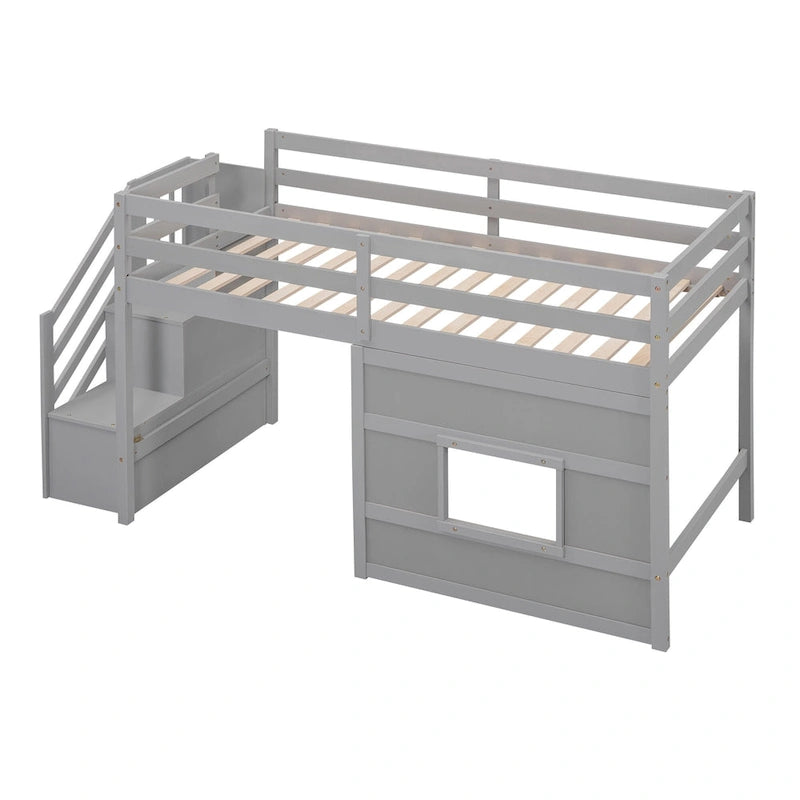 Lit mezzanine en pin Twin Pine avec escalier de rangement, fenêtre décorative et barrières de sécurité