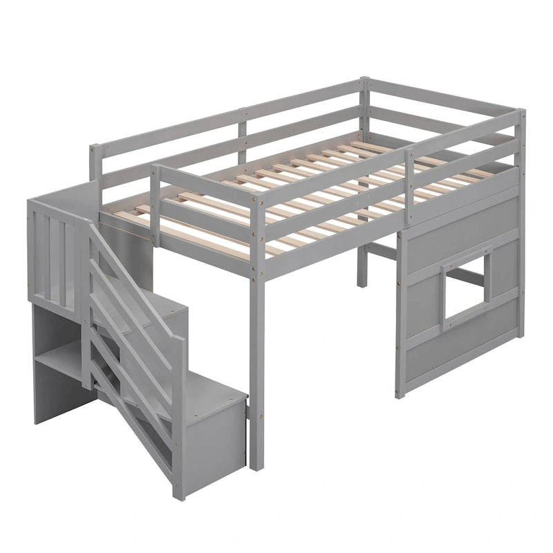 Lit mezzanine en pin Twin Pine avec escalier de rangement, fenêtre décorative et barrières de sécurité