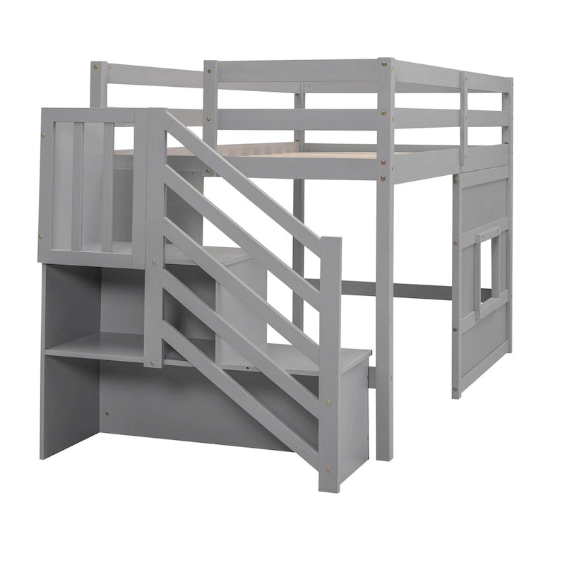Lit mezzanine en pin Twin Pine avec escalier de rangement, fenêtre décorative et barrières de sécurité