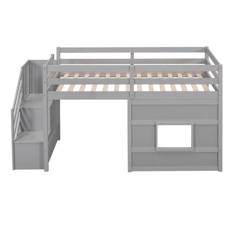 Lit mezzanine en pin Twin Pine avec escalier de rangement, fenêtre décorative et barrières de sécurité