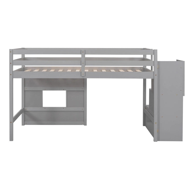 Lit mezzanine en pin Twin Pine avec escalier de rangement, fenêtre décorative et barrières de sécurité