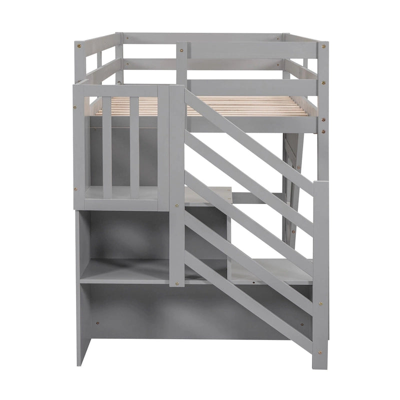 Lit mezzanine en pin Twin Pine avec escalier de rangement, fenêtre décorative et barrières de sécurité