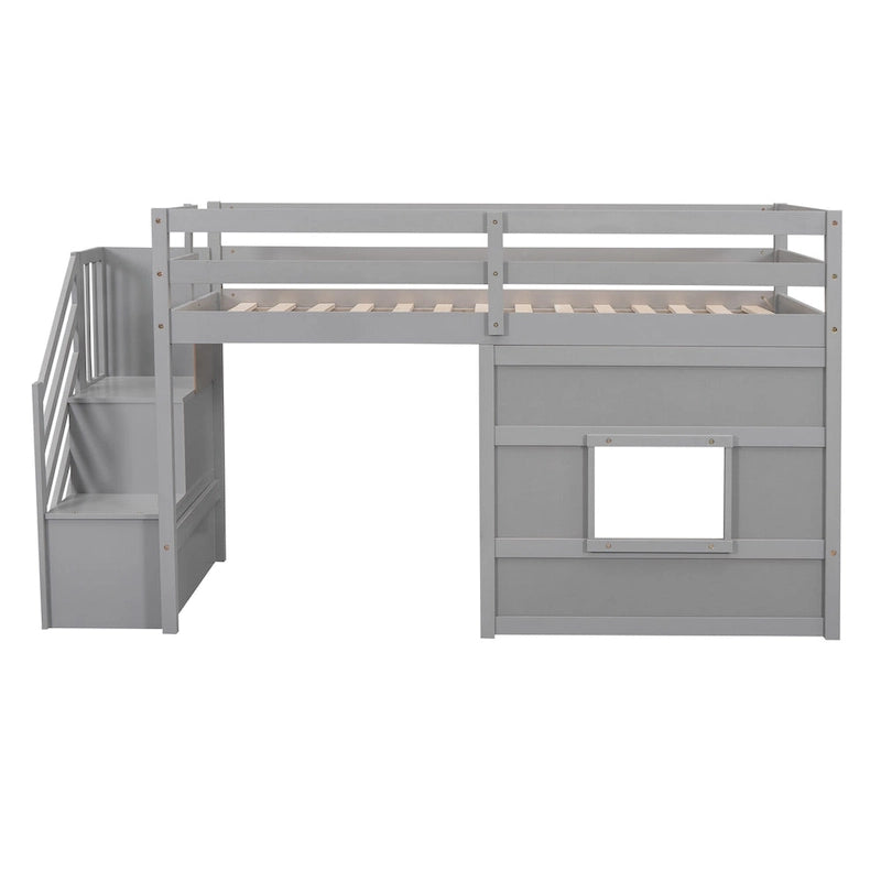 Lit mezzanine en pin Twin Pine avec escalier de rangement, fenêtre décorative et barrières de sécurité