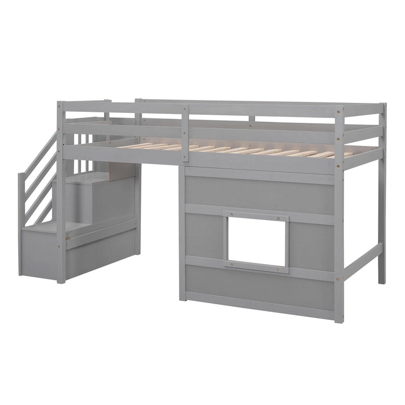 Lit mezzanine en pin Twin Pine avec escalier de rangement, fenêtre décorative et barrières de sécurité