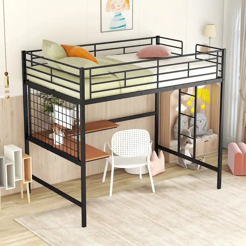 Full Size Metal Frame Loft Bed with Built-in Wooden Desk, Metal Grid, Ladder and Guardrails