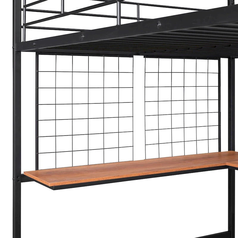 Lit mezzanine en métal pleine grandeur avec bureau, grille décorative, échelle et rampes de sécurité