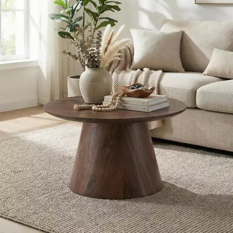 Table basse ronde en MDF, aspect bois de noyer, 60 cm de diamètre, 35 cm de hauteur