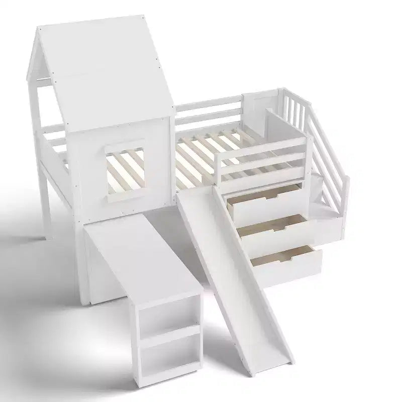 Lit mezzanine simple avec 3 tiroirs et escalier de rangement, structure cabane en bois avec toboggan et bureau amovible