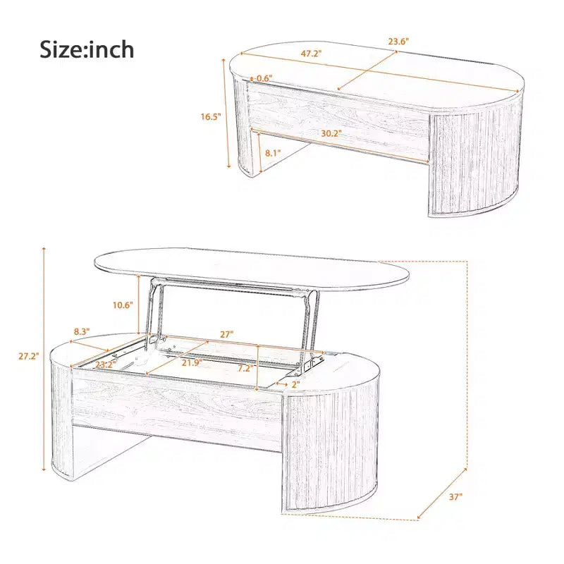 Table basse relevable de 120 cm, table centrale ovale en bois avec rangement caché, table basse moderne pour salon, chambre, bureau