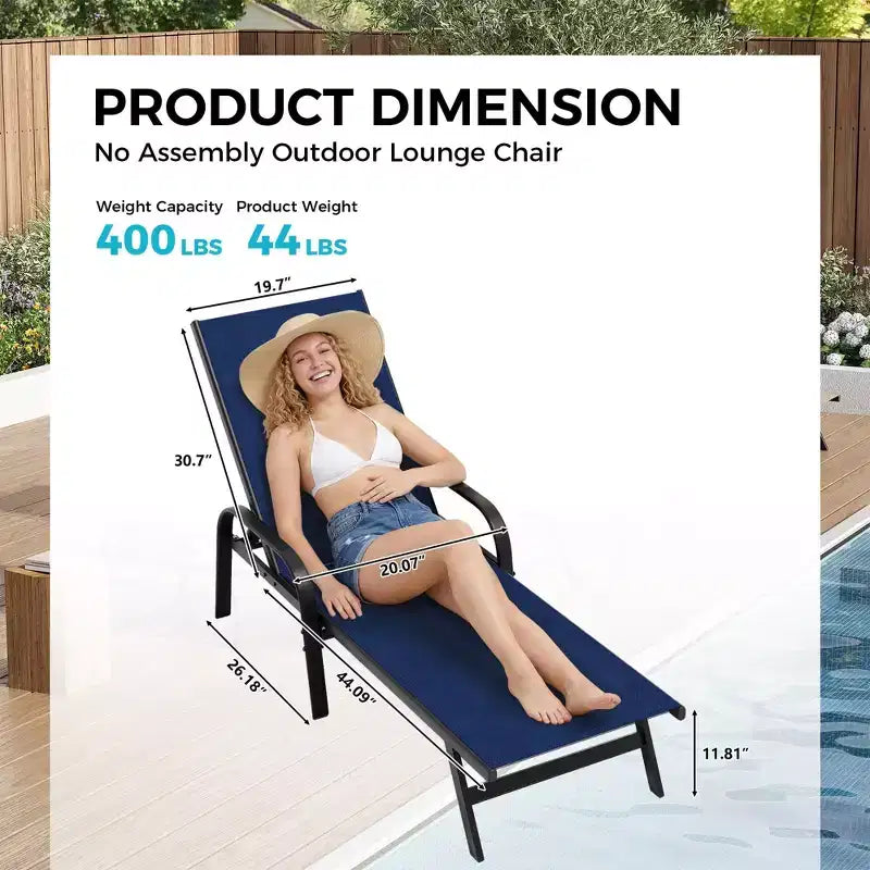 Lot de 2 chaises longues de jardin, transat inclinable réglable sur 5 positions, tissu Textilène, chaise longue de piscine de 193 cm pour terrasse, jardin et bord de piscine