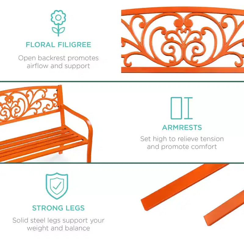 Banc d'extérieur en acier Best Choice Products, mobilier de jardin pour terrasse ou porche avec dossier à motif floral