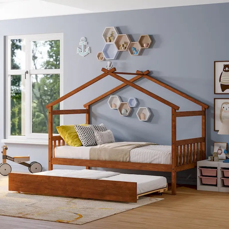 Lit de repos en forme de maison en bois double avec lit gigogne