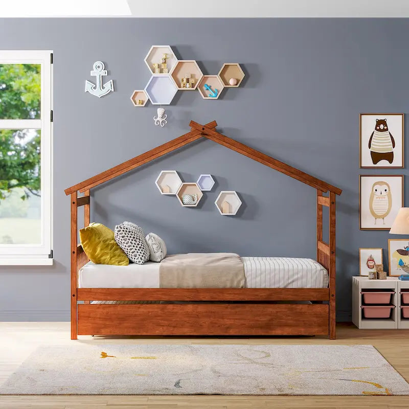 Lit de repos en forme de maison en bois double avec lit gigogne
