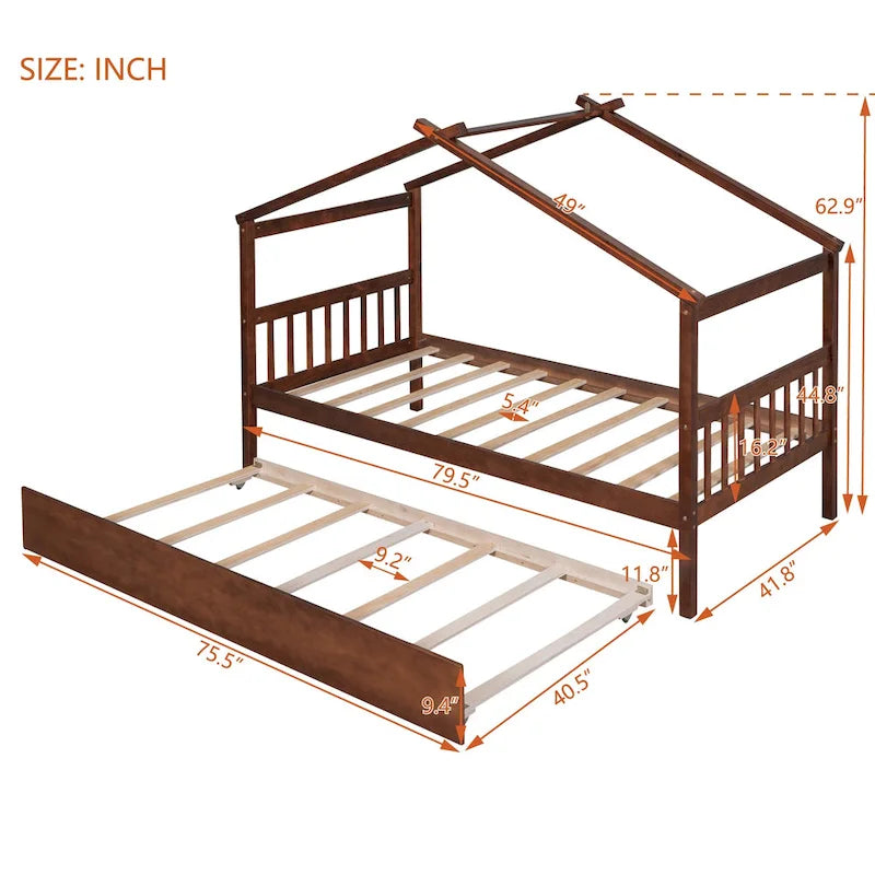 Lit de repos en forme de maison en bois double avec lit gigogne