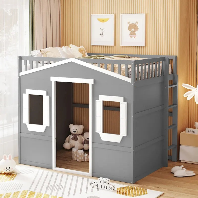 Lit mezzanine double en pin avec échelle intégrée, rangement sous le lit et garde-corps pleine longueur