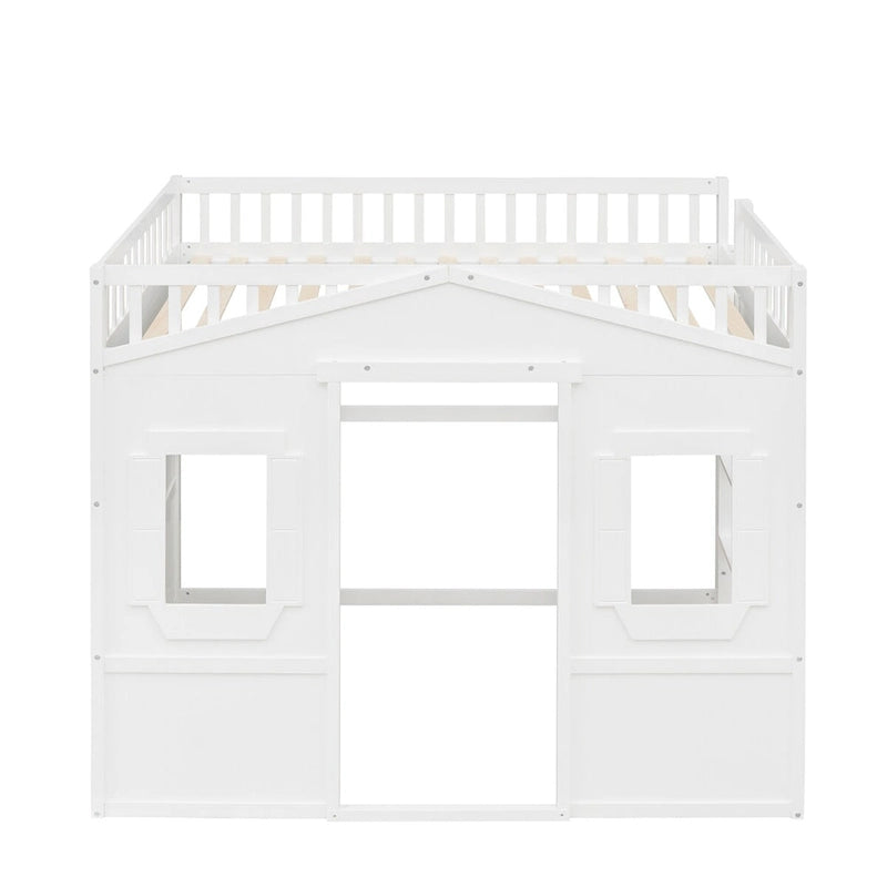 Lit mezzanine double en pin avec échelle intégrée, rangement sous le lit et garde-corps pleine longueur