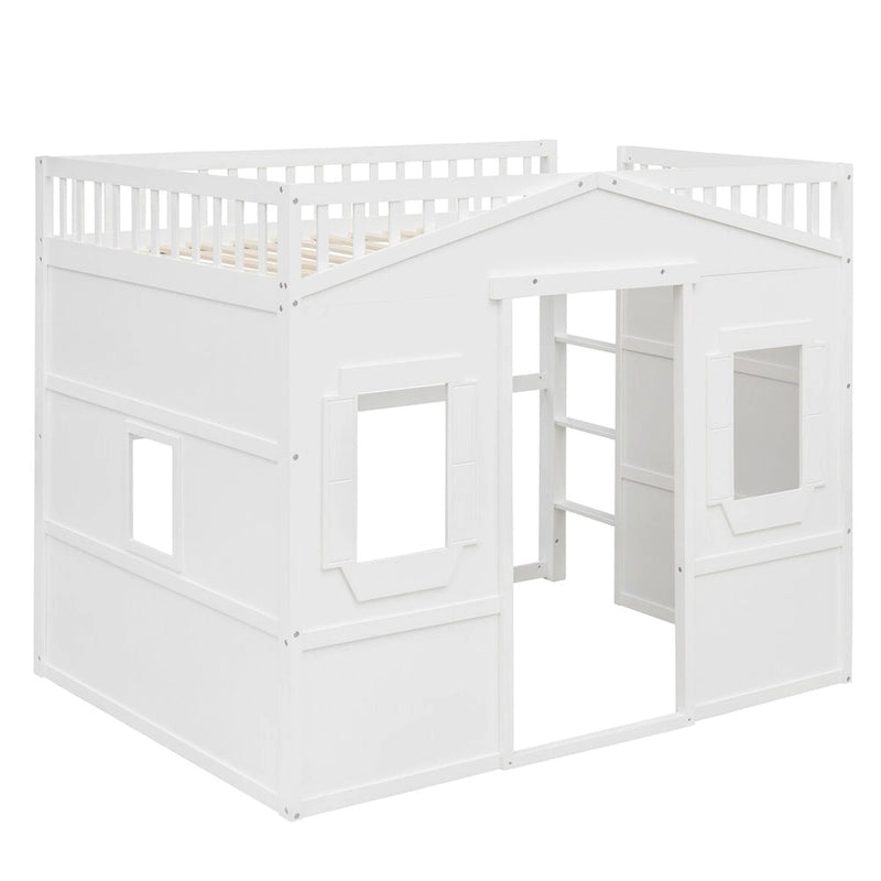 Lit mezzanine double en pin avec échelle intégrée, rangement sous le lit et garde-corps pleine longueur