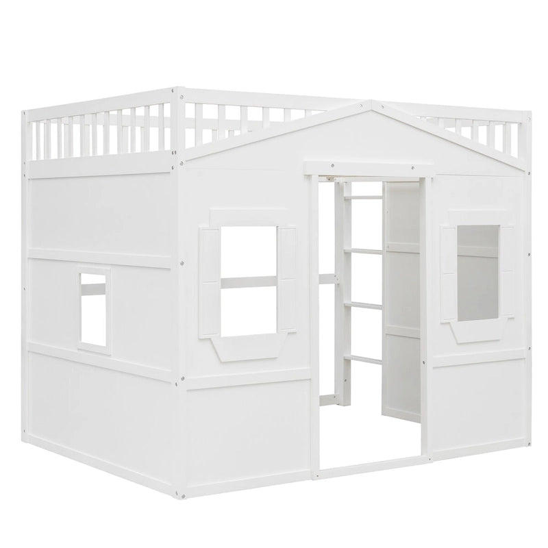Lit mezzanine double en pin avec échelle intégrée, rangement sous le lit et garde-corps pleine longueur
