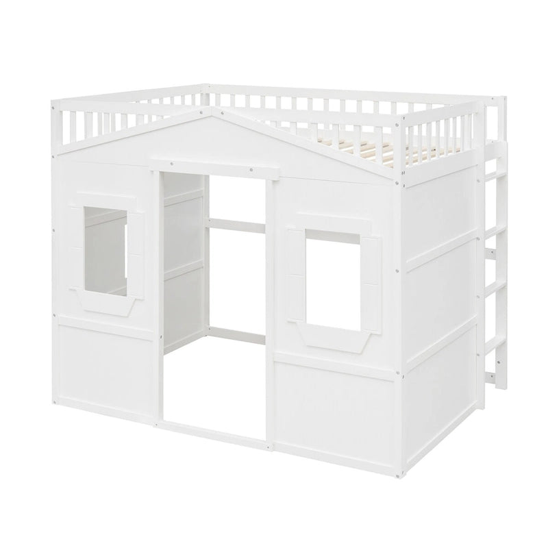 Lit mezzanine double en pin avec échelle intégrée, rangement sous le lit et garde-corps pleine longueur