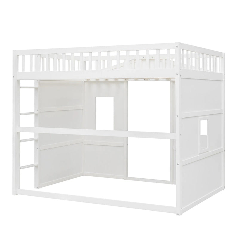 Lit mezzanine double en pin avec échelle intégrée, rangement sous le lit et garde-corps pleine longueur