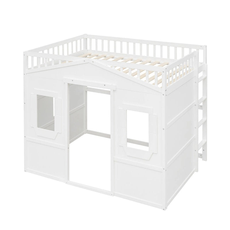 Lit mezzanine double en pin avec échelle intégrée, rangement sous le lit et garde-corps pleine longueur