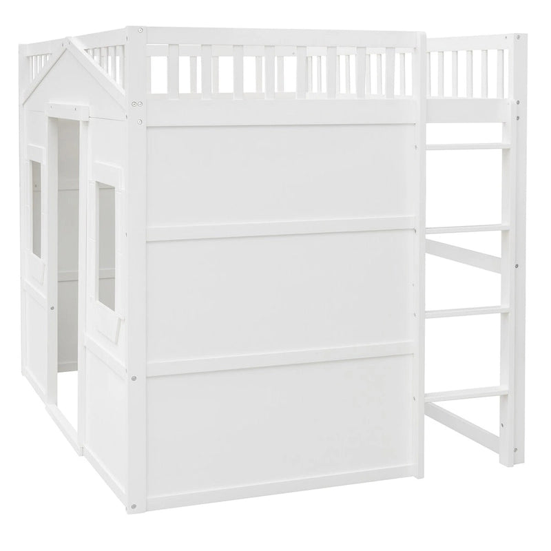 Lit mezzanine double en pin avec échelle intégrée, rangement sous le lit et garde-corps pleine longueur