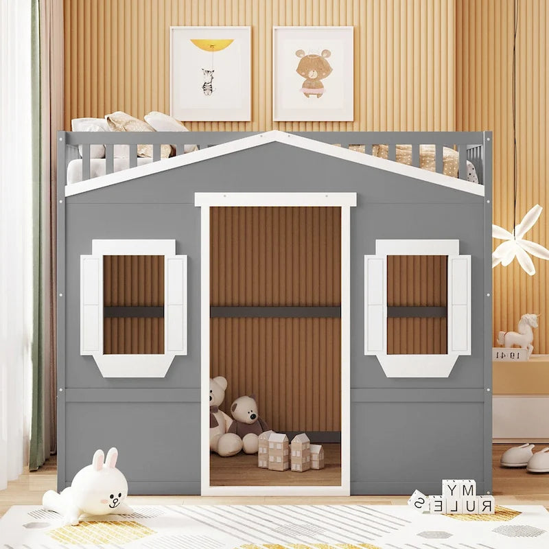 Lit mezzanine double en pin avec échelle intégrée, rangement sous le lit et garde-corps pleine longueur
