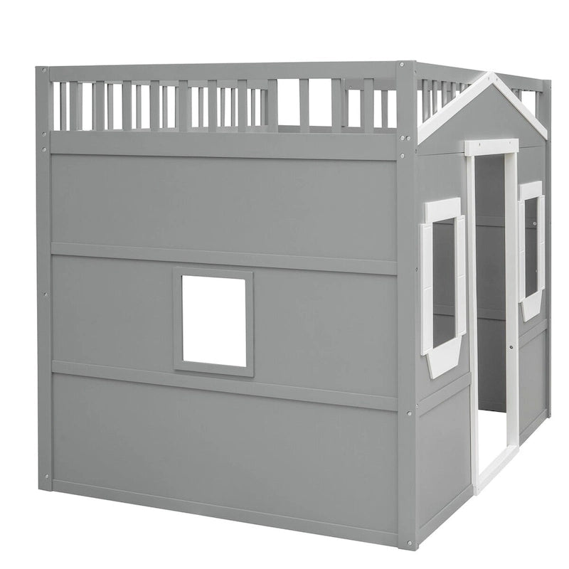 Lit mezzanine double en pin avec échelle intégrée, rangement sous le lit et garde-corps pleine longueur