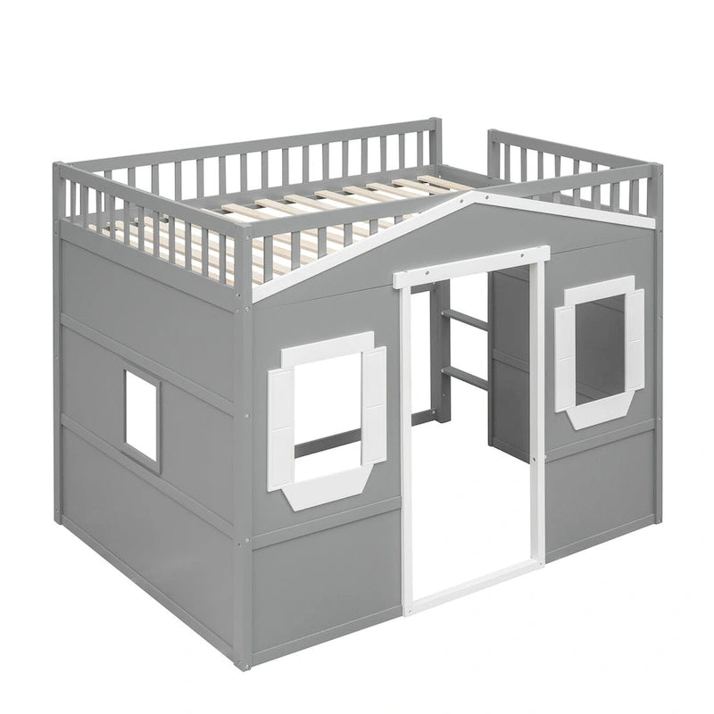 Lit mezzanine double en pin avec échelle intégrée, rangement sous le lit et garde-corps pleine longueur