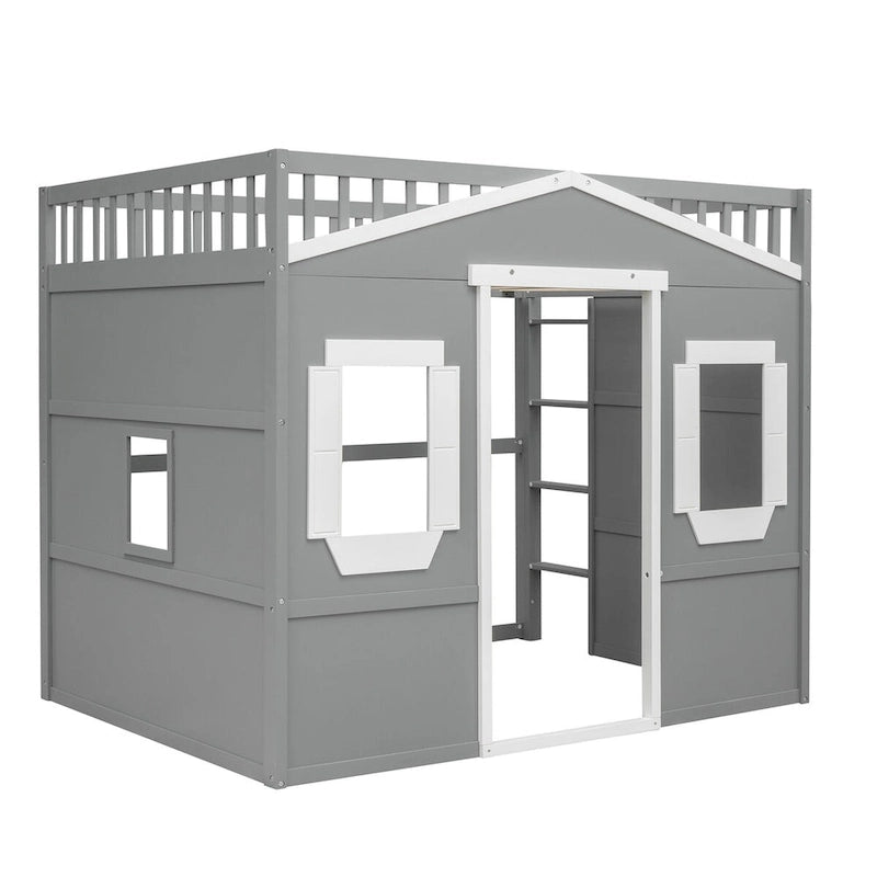 Lit mezzanine double en pin avec échelle intégrée, rangement sous le lit et garde-corps pleine longueur