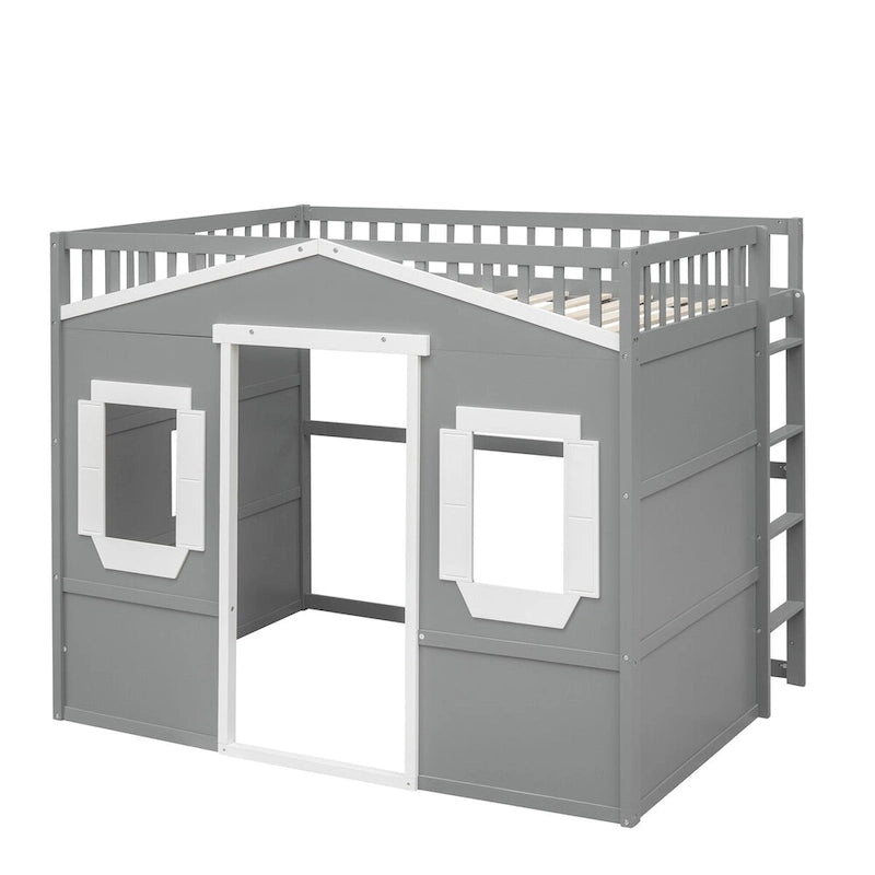 Lit mezzanine double en pin avec échelle intégrée, rangement sous le lit et garde-corps pleine longueur