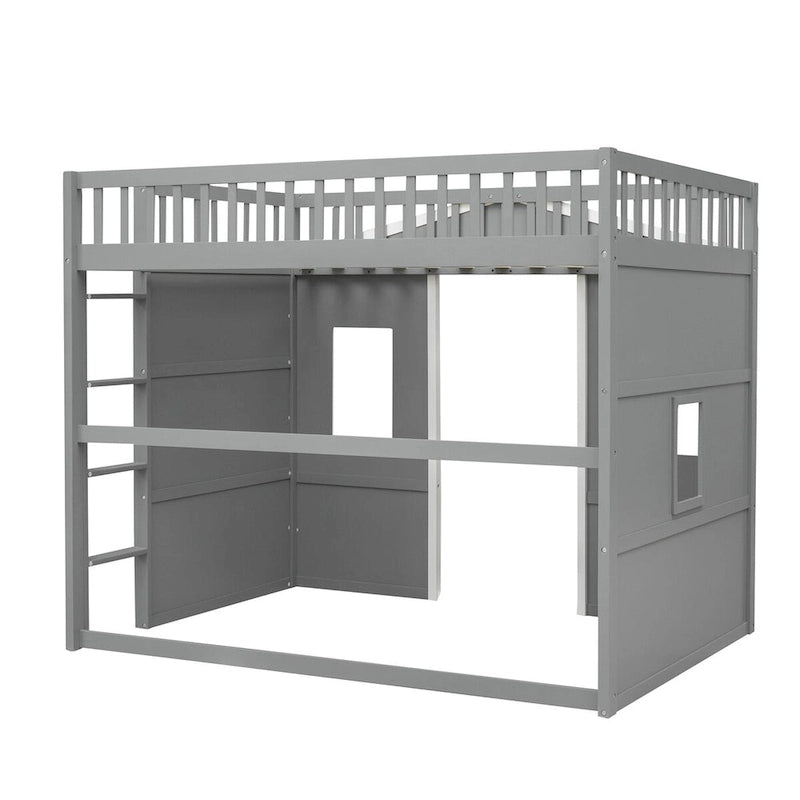 Lit mezzanine double en pin avec échelle intégrée, rangement sous le lit et garde-corps pleine longueur