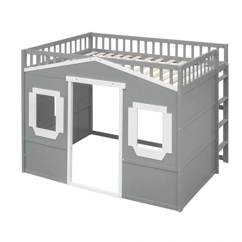 Lit mezzanine double en pin avec échelle intégrée, rangement sous le lit et garde-corps pleine longueur