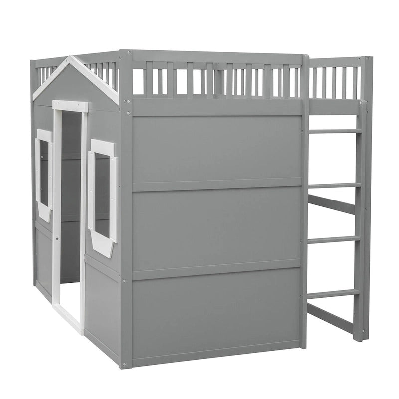 Lit mezzanine double en pin avec échelle intégrée, rangement sous le lit et garde-corps pleine longueur